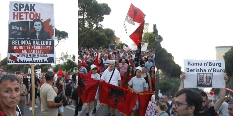 LAJM/ Revolta e shqiptarëve kundër Ramës! “SPAK heton, Belinda Balluku duhet të përballet me faktet”, mesazhet pikante nëpërmjet pankartave në protestën e 63: Rama në burg, Berisha në burg