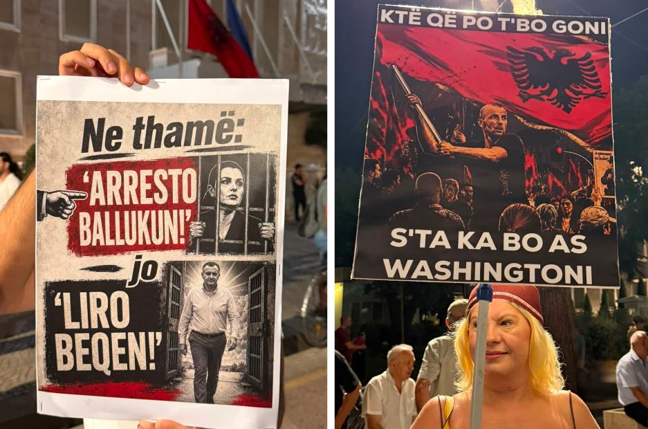 “Ne thamë arresto Ballukun, jo liro Beqajn!” – Pankartat pikante dhe ironike në ditën e 64-të të protestës para Kryeministrisë